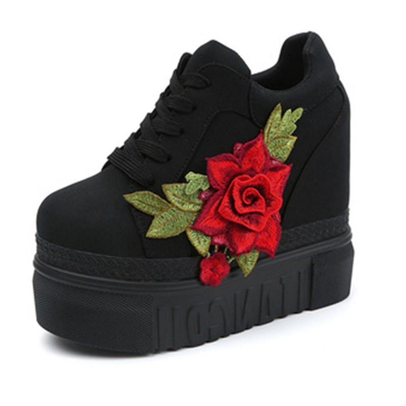 Red Rose Embroidered Flower Wedge Sneakers Harajuku