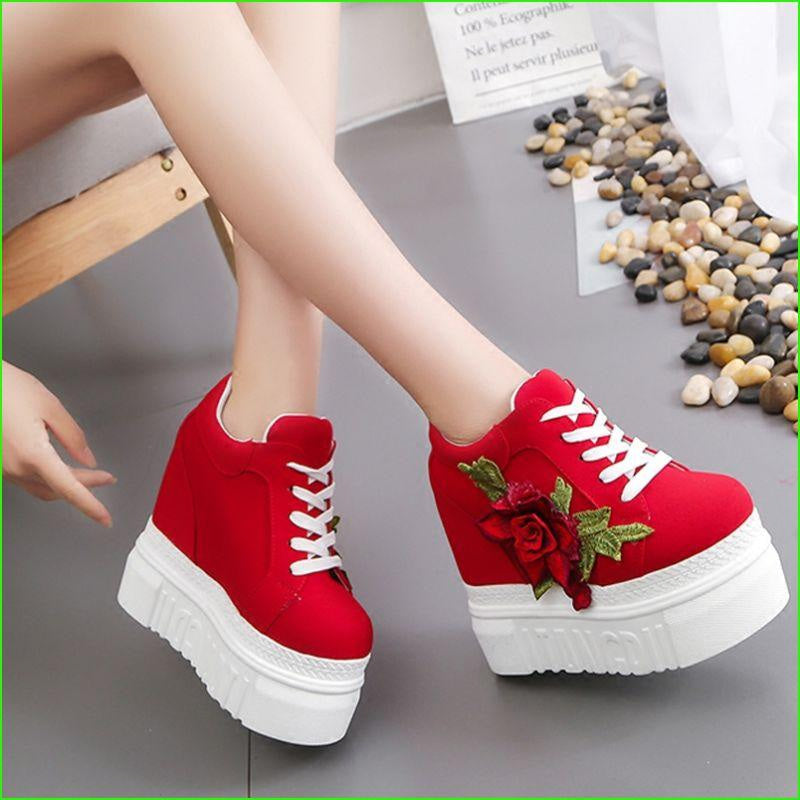 Red Rose Embroidered Flower Wedge Sneakers Harajuku