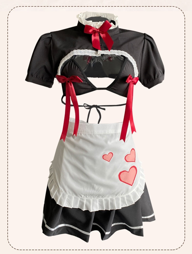 Ribbon Kitten Maid Cosplay - apron, black dress, lingerie set, sets, maid cosplay