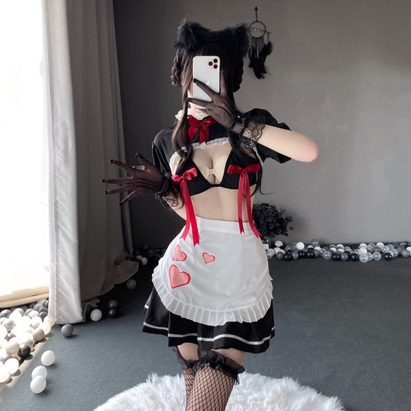 Ribbon Kitten Maid Cosplay - apron, black dress, lingerie set, sets, maid cosplay