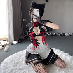 Ribbon Kitten Maid Cosplay - Just Outfit - apron, black dress, lingerie set, sets, maid cosplay