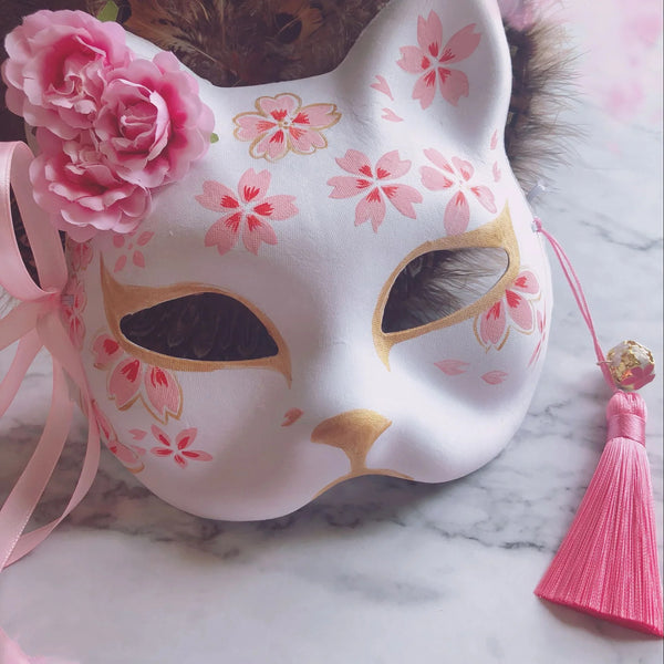 Sakura Flower Fox Mask - cat mask, cherry blossom, cosplay, costume, face mask