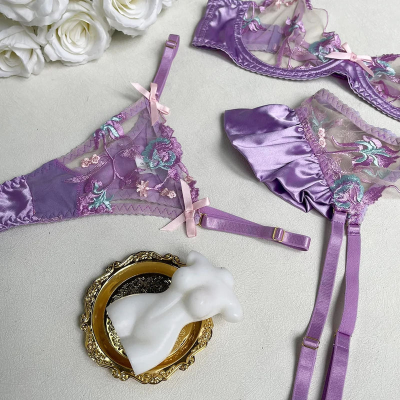 Satin Silk Lavender Purple Luxury Lingerie Set Bra and Panties