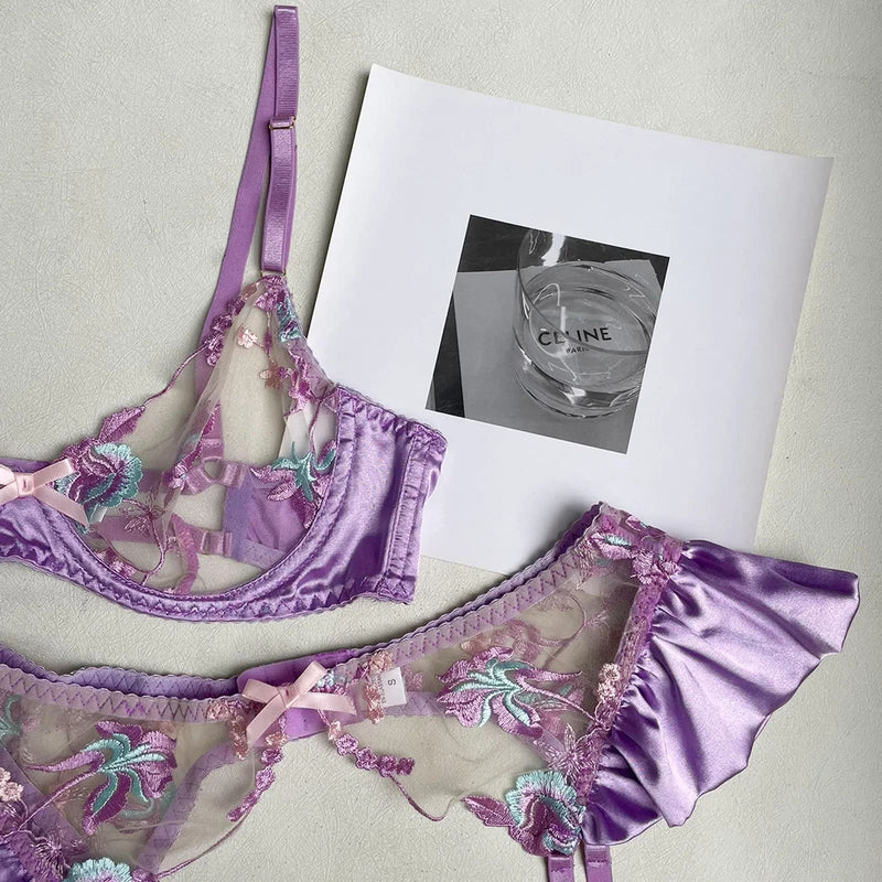 Satin Silk Lavender Purple Luxury Lingerie Set Bra and Panties