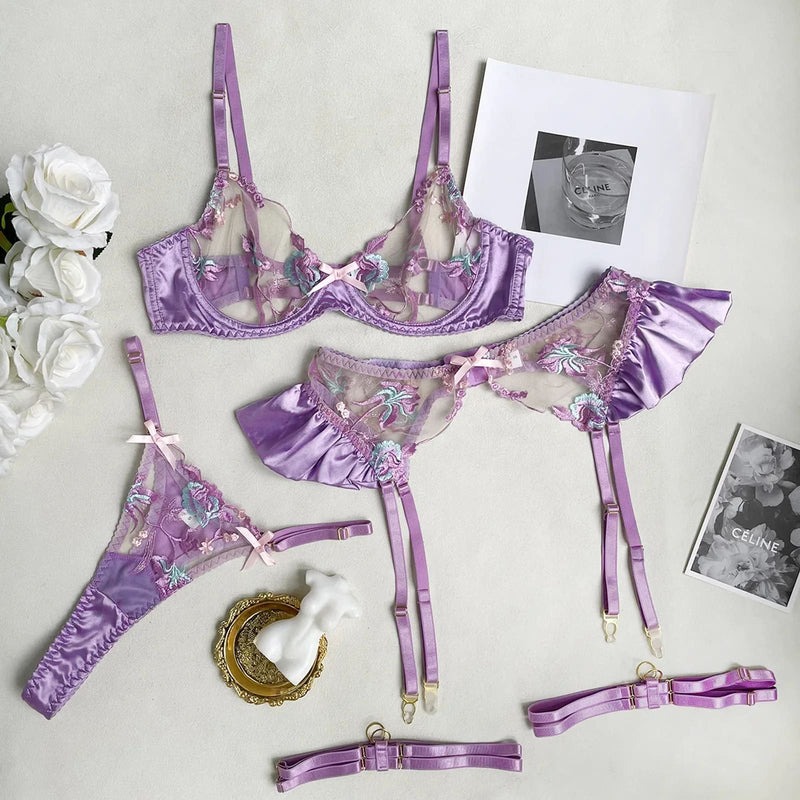 Satin Silk Lavender Purple Luxury Lingerie Set Bra and Panties