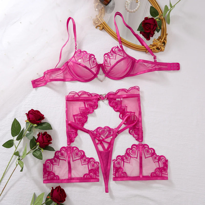 Sheer Love Pink Valentine Heart Lingerie Set with Garters