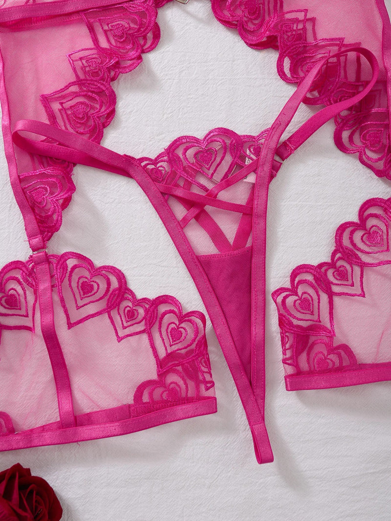 Sheer Love Pink Valentine Heart Lingerie Set with Garters