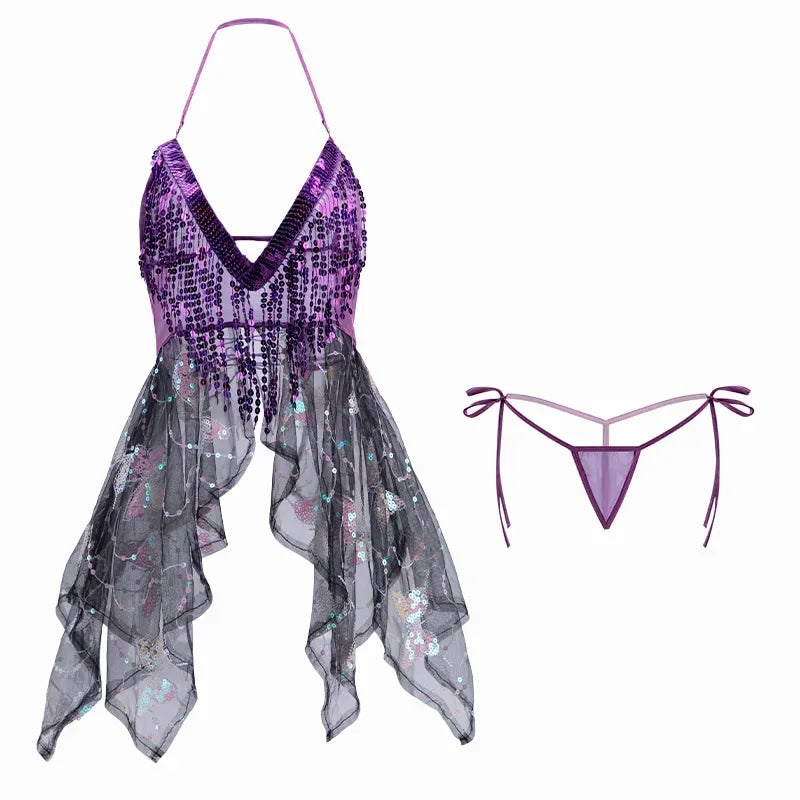 Shimmering Sequin Butterfly Lingerie Sheer Dress