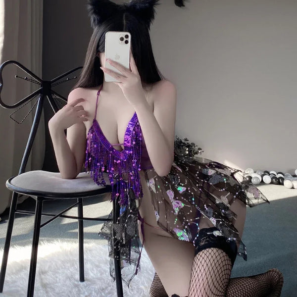 Shimmering Sequin Butterfly Lingerie Sheer Dress