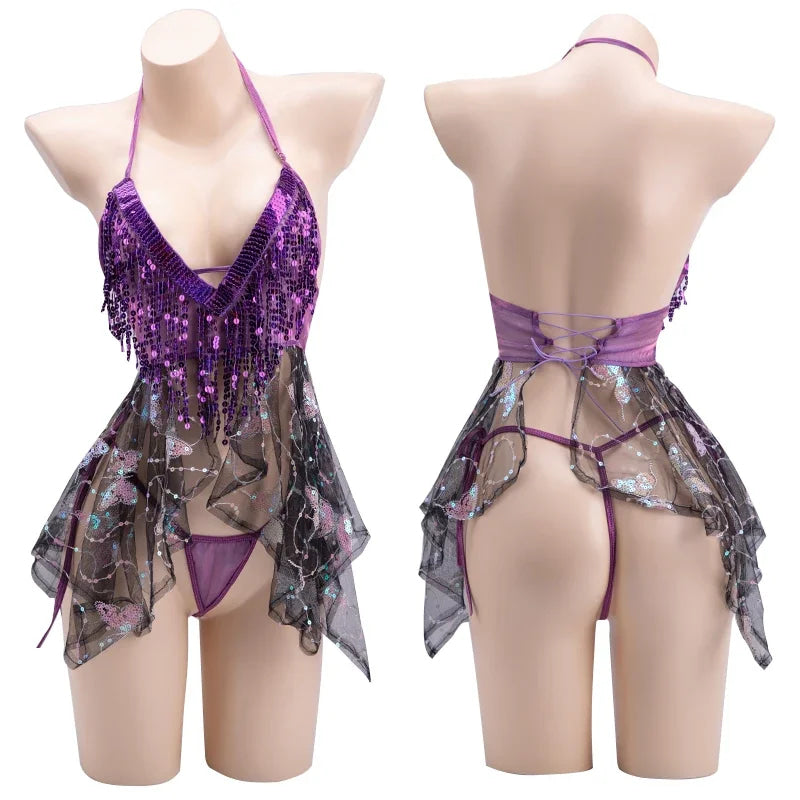 Shimmering Sequin Butterfly Lingerie Sheer Dress