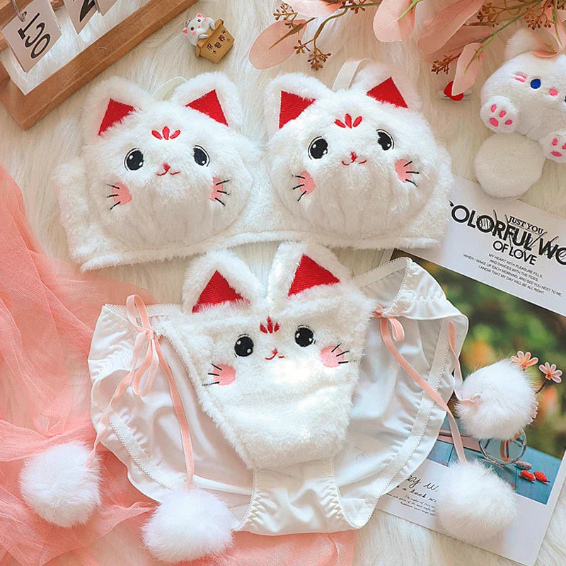 Soft Kitten Lingerie Set - Red Pompoms / M - bra and panties, panty, bras, cat, lingerie