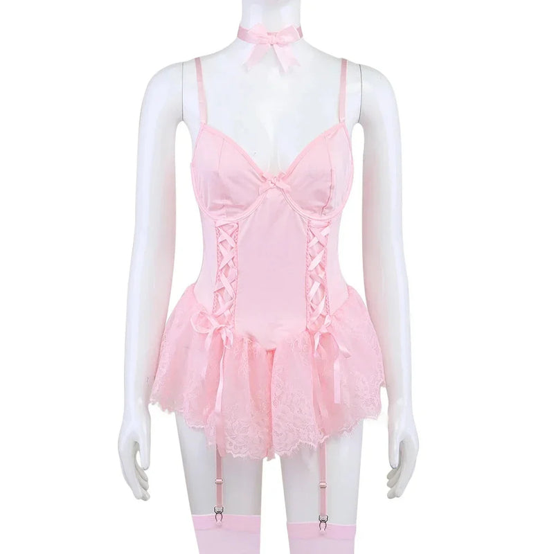 Soft Pink Ballerina Baddie Lingerie Set with Tutu Skirt