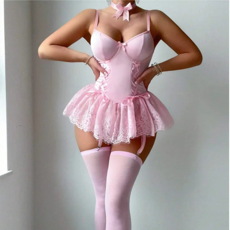 Soft Pink Ballerina Baddie Lingerie Set with Tutu Skirt