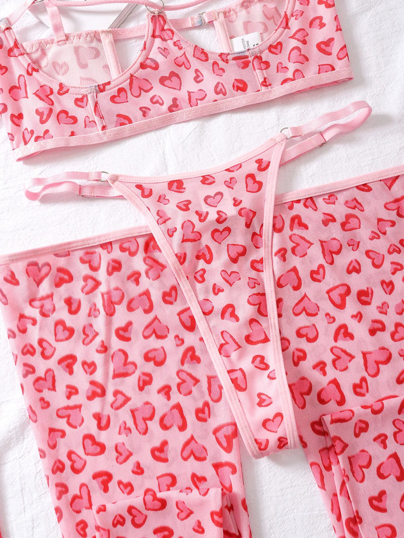 Spotted Valentine Heart Leopard Print Pink Lingerie Set