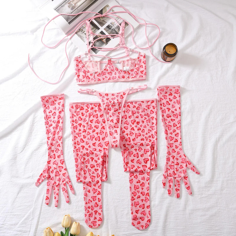 Spotted Valentine Heart Leopard Print Pink Lingerie Set