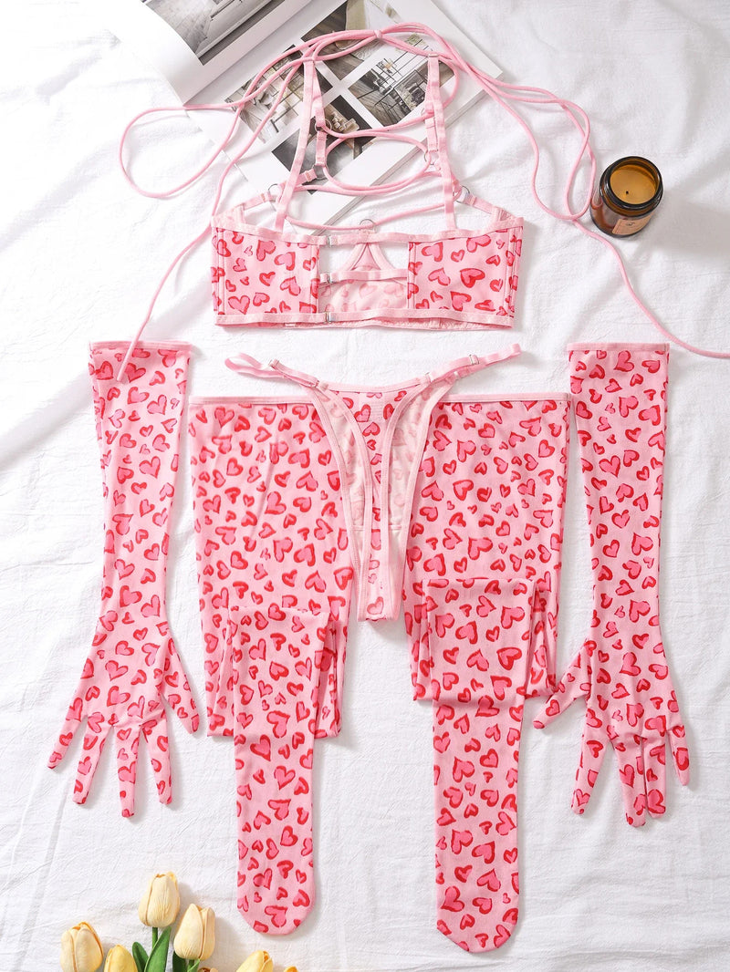 Spotted Valentine Heart Leopard Print Pink Lingerie Set