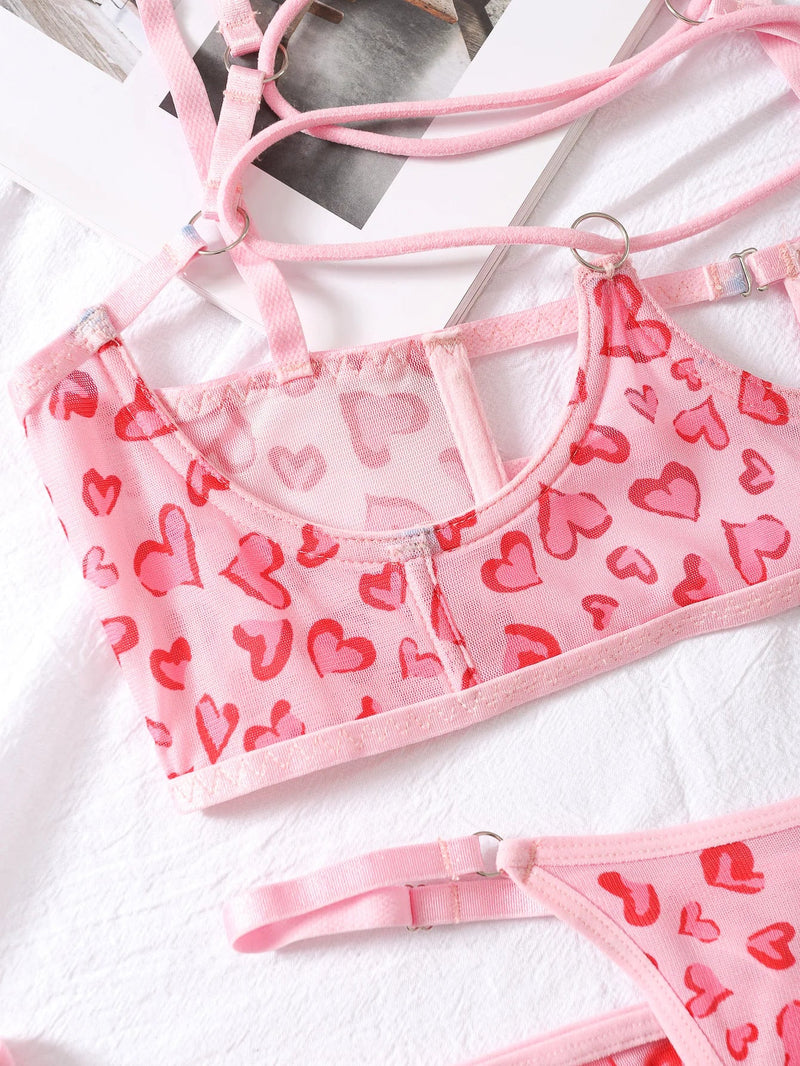 Spotted Valentine Heart Leopard Print Pink Lingerie Set