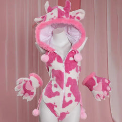 Strawberry Cow Fuzzy Cosplay Set - S - adult onesie, onesies, anime cosplay, costumes, cow
