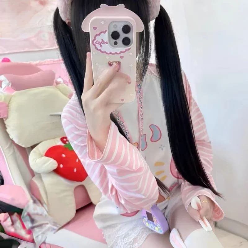 Strawberry Kitten Pink Kawaii Long Sleeve Top Shirt