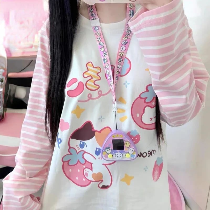 Strawberry Kitten Pink Kawaii Long Sleeve Top Shirt