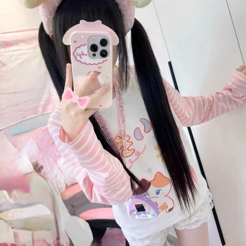 Strawberry Kitten Pink Kawaii Long Sleeve Top Shirt