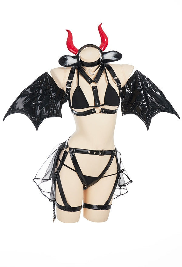 Succubus Devil Latex Cosplay Set - S - black latex, lingerie, panties, underwear