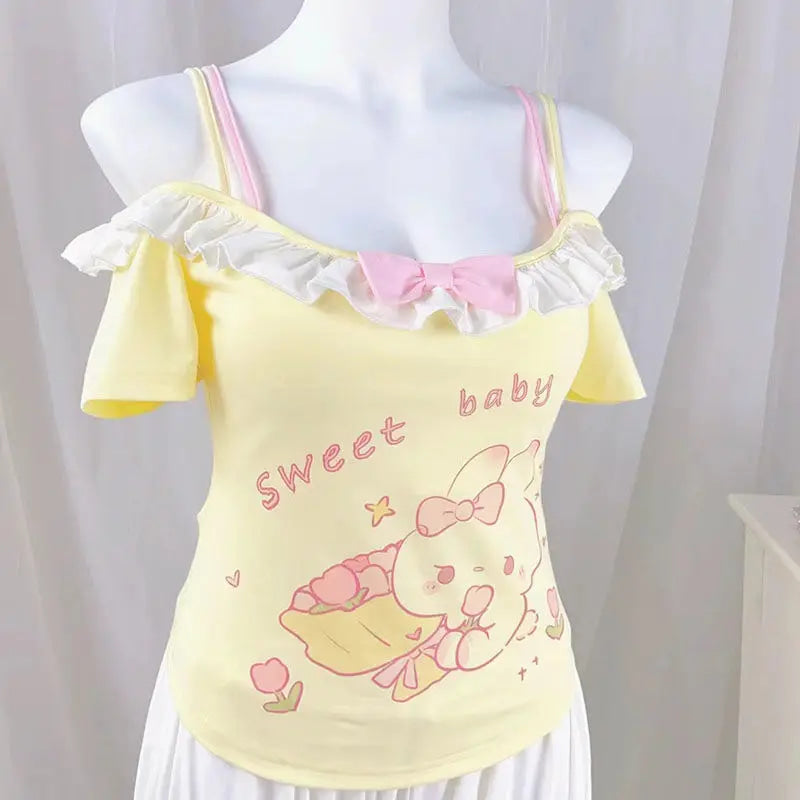 Sweet Baby Off The Shoulder Tee - bunny, fairy kei, kawaii, pastel, shirts