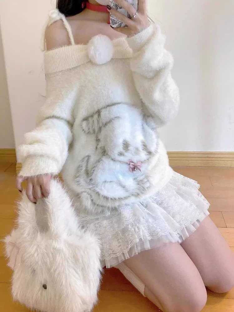 Sweet Fuzzy Kitten Slouchy Sweater Asymmetric Cozy Faux Fur