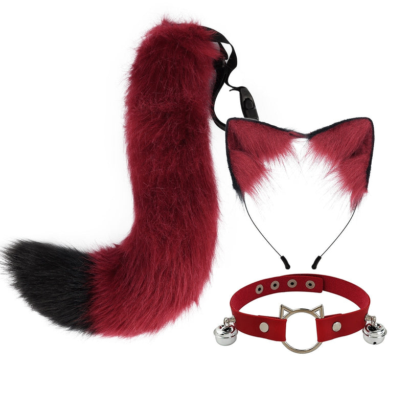 Sly Fox Tail Ear & Collar Set - Red Black - cat ears, tail, fox, fox tail