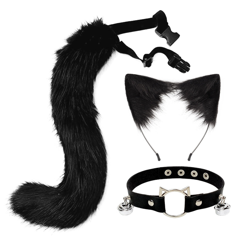 Sly Fox Tail Ear & Collar Set - Black - cat ears, tail, fox, fox tail