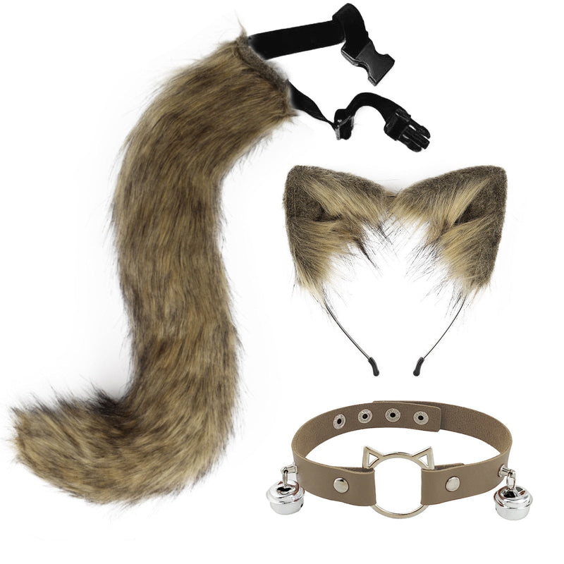 Sly Fox Tail Ear & Collar Set - Bushy Brown - cat ears, tail, fox, fox tail