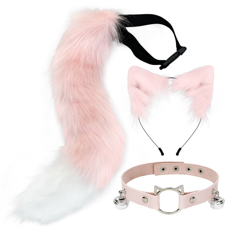 Sly Fox Tail Ear & Collar Set - Pink White - cat ears, tail, fox, fox tail