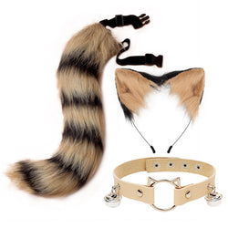 Sly Fox Tail Ear & Collar Set - Striped - cat ears, tail, fox, fox tail