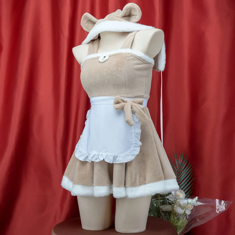 Teddy Maid Fuzzy Hooded Cosplay Dress - Khaki / One Size - apron, coveralls, fuzzy, fuzzy