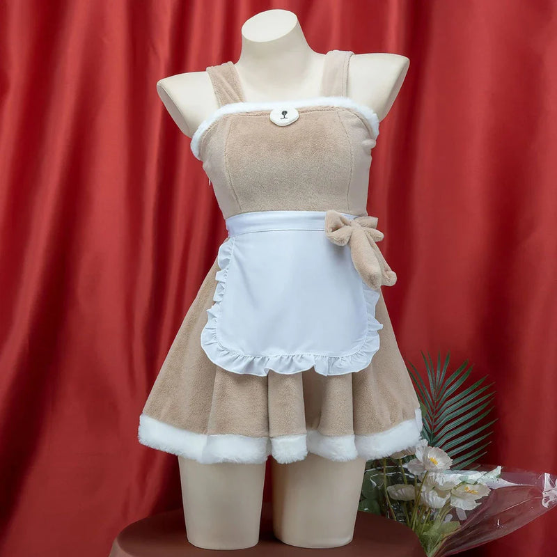 Teddy Maid Fuzzy Hooded Cosplay Dress - Khaki / One Size - apron, coveralls, fuzzy, fuzzy