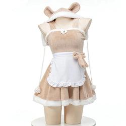 Teddy Maid Fuzzy Hooded Cosplay Dress - Khaki / One Size - apron, coveralls, fuzzy, fuzzy