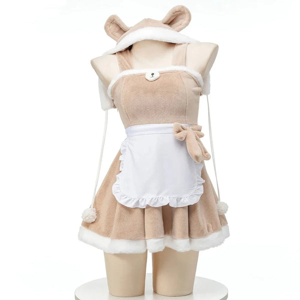 Teddy Maid Fuzzy Hooded Cosplay Dress - Khaki / One Size - apron, coveralls, fuzzy, fuzzy