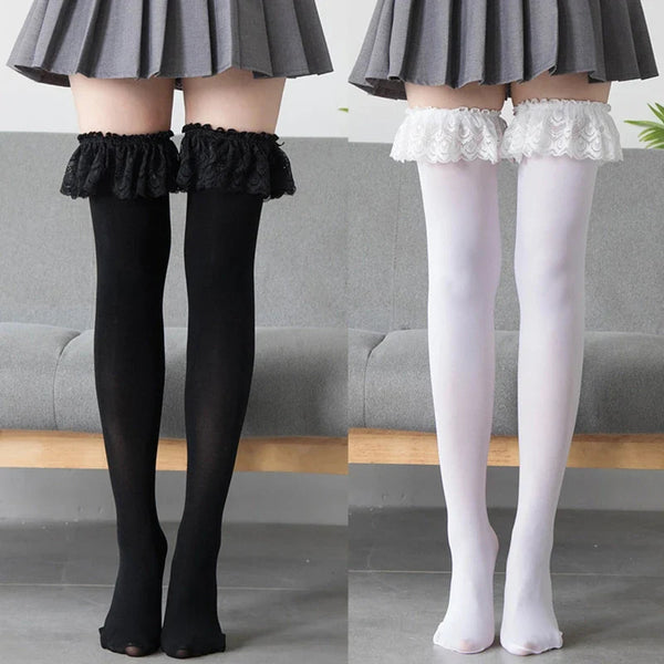 Thigh High Ruffled Stockings - knee socks, lolita, stockings, thigh highs