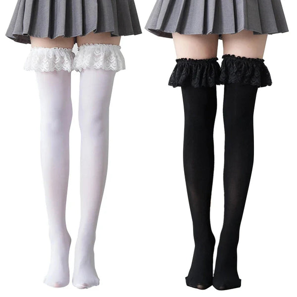 Thigh High Ruffled Stockings - knee socks, lolita, stockings, thigh highs