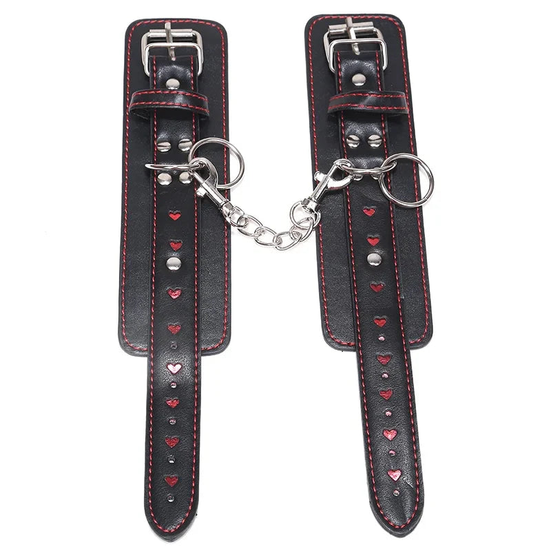 Valentine Heart Embellished Vegan Leather Hand Cuff & Collars Set