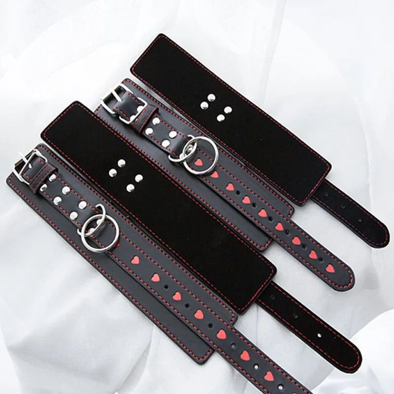 Valentine Heart Embellished Vegan Leather Hand Cuff & Collars Set