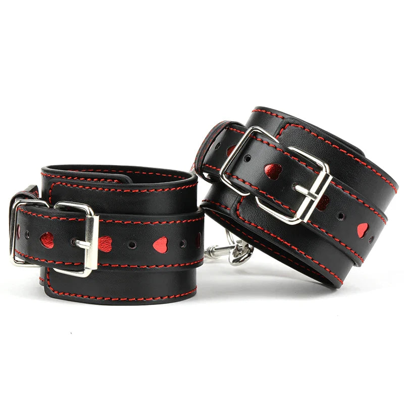 Valentine Heart Embellished Vegan Leather Hand Cuff & Collars Set