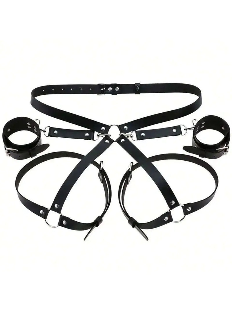 Vegan Black Leather Hand Cuff and Harness Play Set