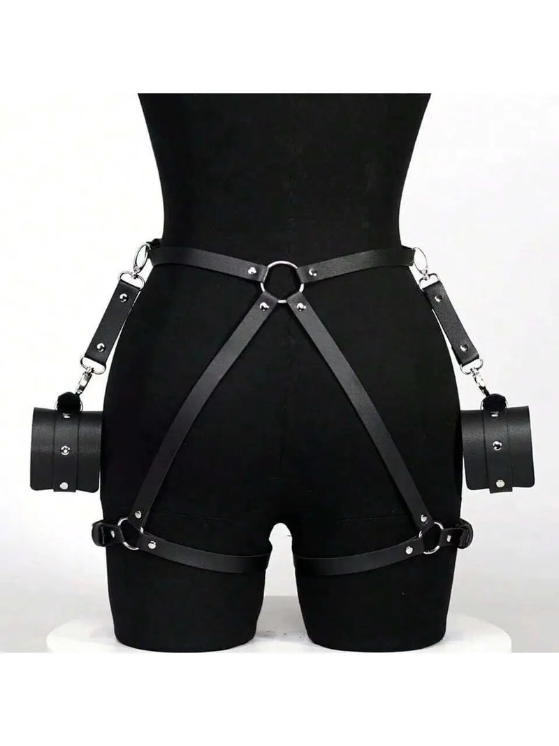 Vegan Black Leather Hand Cuff and Harness Play Set