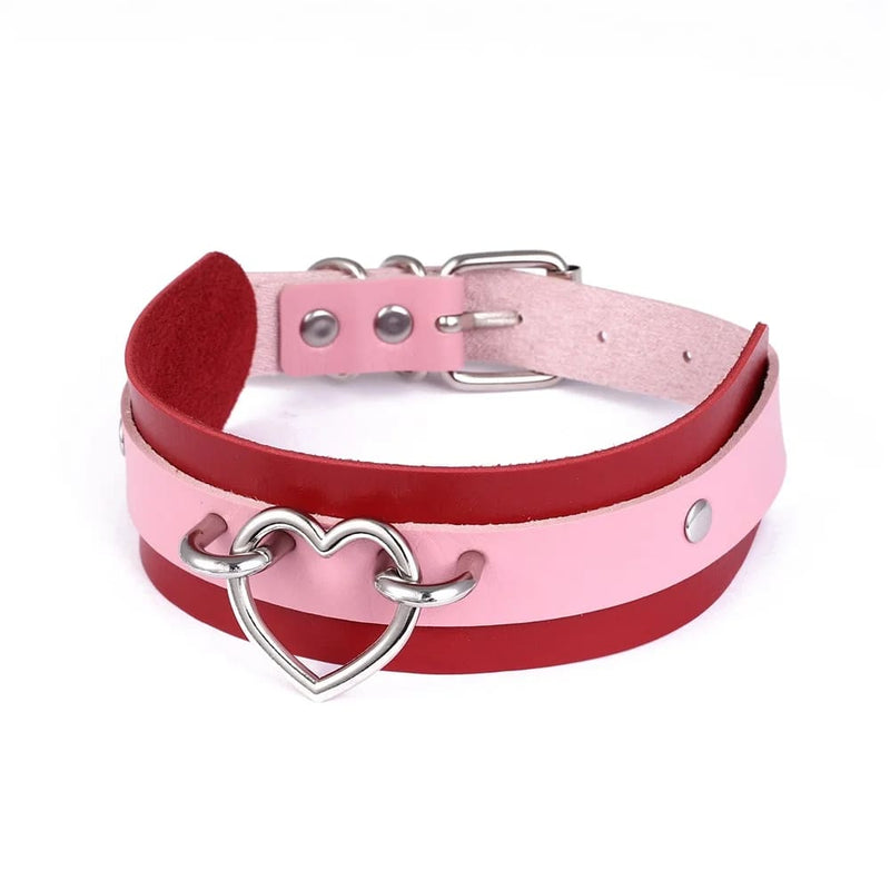 Vegan Leather Two Tone Heart Collar Choker Necklace