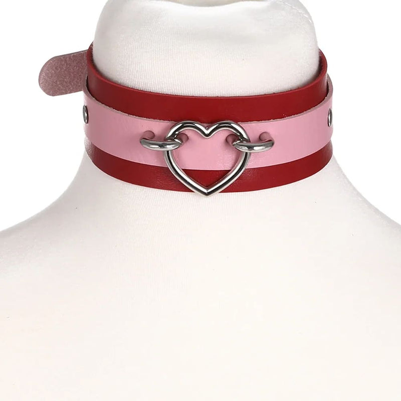 Vegan Leather Two Tone Heart Collar Choker Necklace