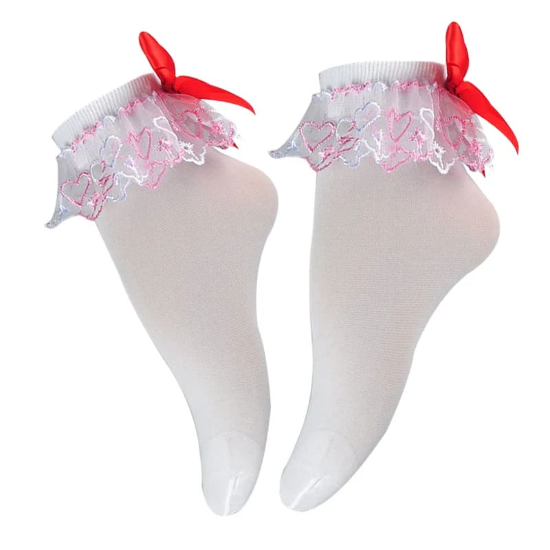 White Valentine Heart Lace Ruffled Ankle Socks