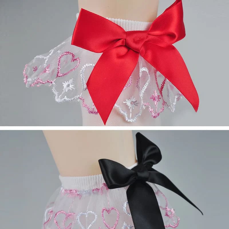 White Valentine Heart Lace Ruffled Ankle Socks