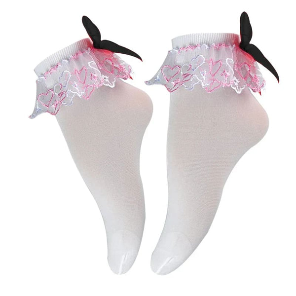 White Valentine Heart Lace Ruffled Ankle Socks