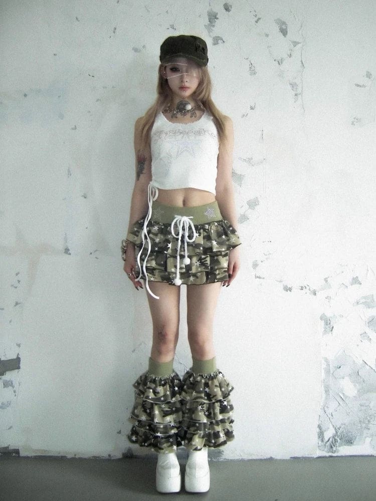 Y2K Green Camoflage Camo Military Short Mini Skirt